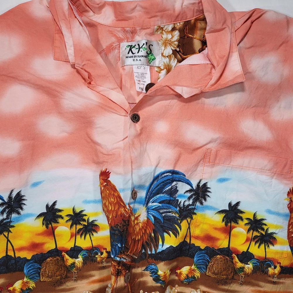 KY's Made in Hawaii Men 3XL Pink Rooster Palm Tree Short Sleeve Button Up Shirt